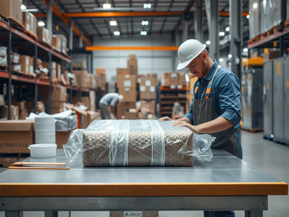 付欧打包处理服务场景，工人正在用气泡膜包装商品