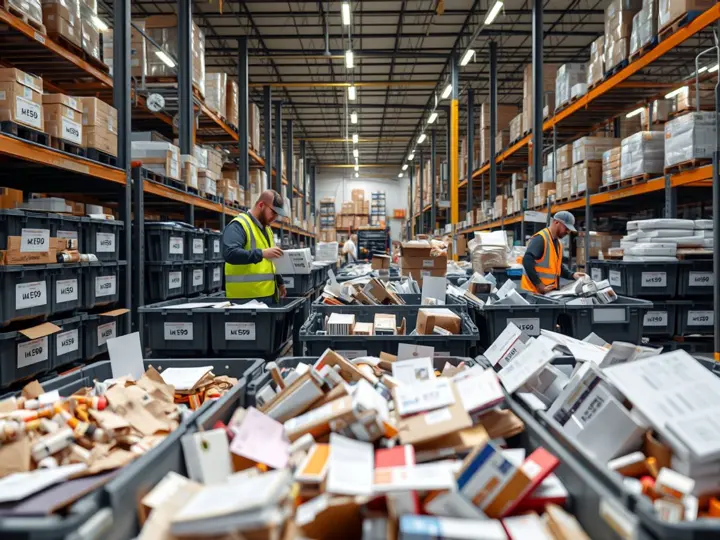 多品类商品分拣区，工人将商品放入对应品类箱